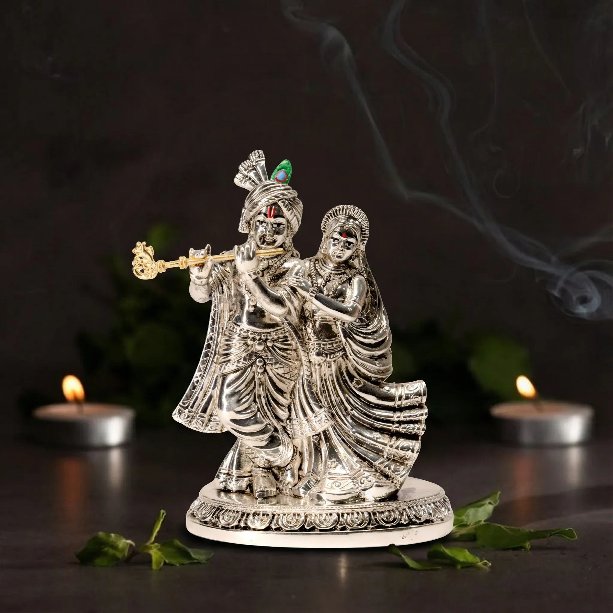 Silver Radha Krishna Statue for Home Decor, Metal Alloy Figurine - Prabhuratan