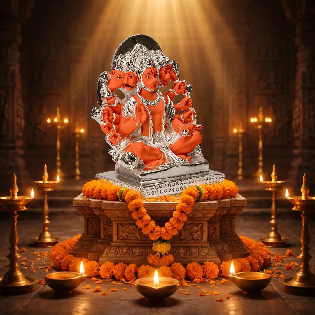 Orange Panchmukhi Hanuman Statue for Home Decor - Metal Alloy Lord Hanuman Figurine - Prabhuratan