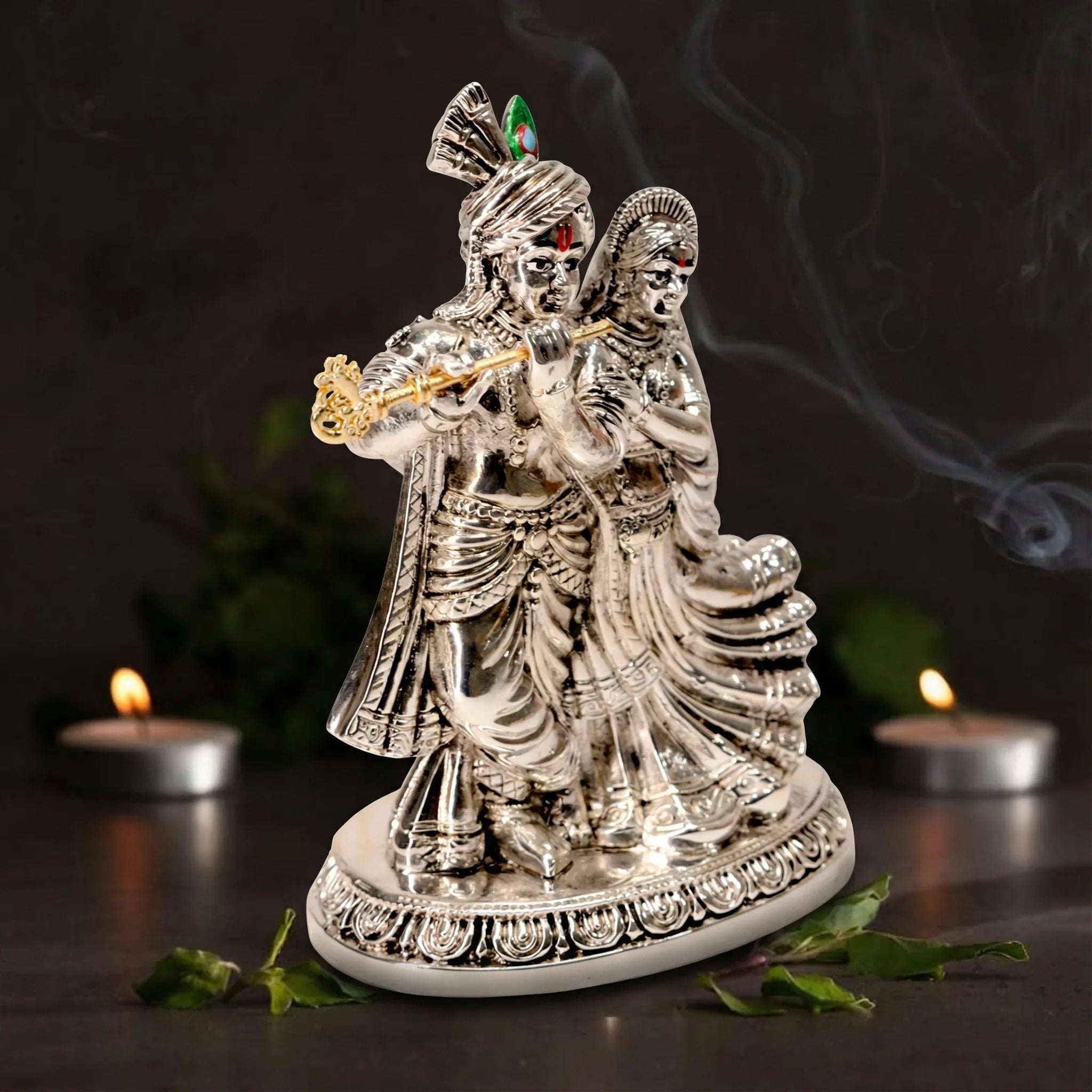 Silver Radha Krishna Statue for Home Decor, Metal Alloy Figurine - Prabhuratan