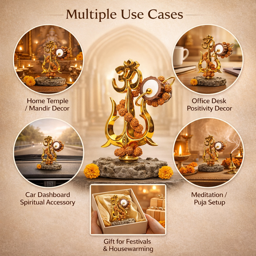 Gold Trishul Om Idol with Rudraksh & Damru
